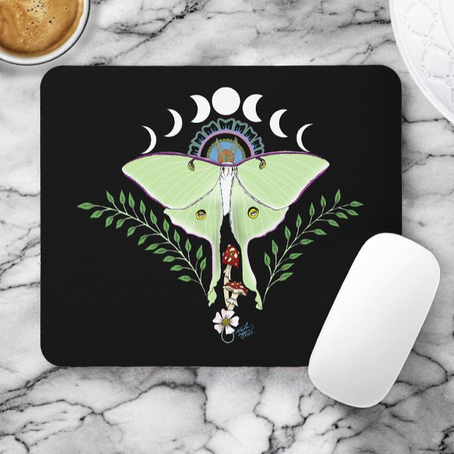 Luna Moth Moon Phases Black Mousepad (Von Creator hochgeladen)