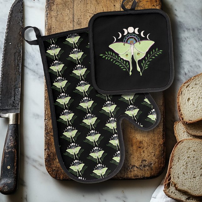 Luna Moth Moon Phases Black Ofenhandschuh & Topflappen-Set (Von Creator hochgeladen)