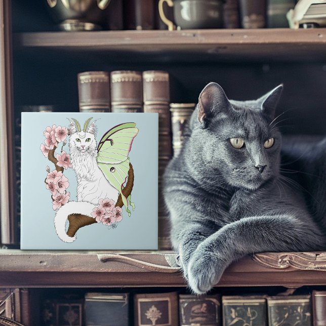 Luna Moth Moon White Cat Green Fliese (Von Creator hochgeladen)