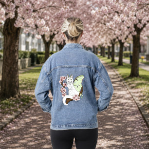 Luna Moth Moon White Cat Green Jeansjacke