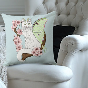 Luna Moth Moon White Cat Green Kissen