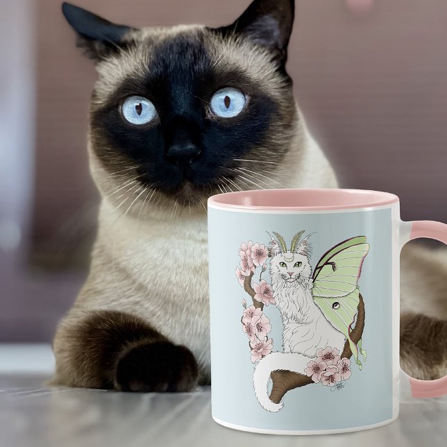 Luna Moth Moon White Cat Green Tasse (Von Creator hochgeladen)