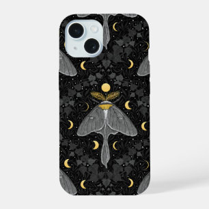 Luna-Motte, Mondphasen und Efeu-Damaskus-Muster iPhone 15 Hülle