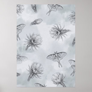 Luna-Motten Lotus-Blumen Nebelblauer Musterposter Poster