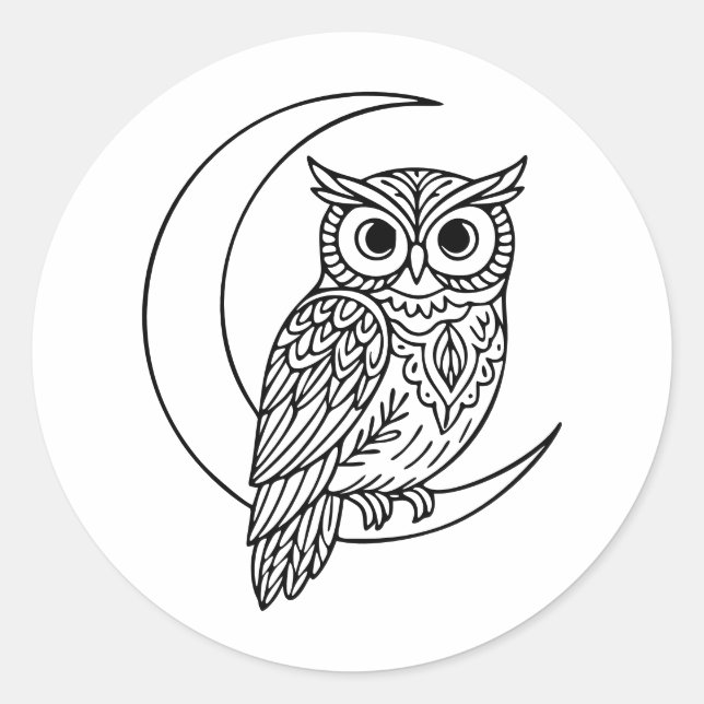 Luna Owl Line Art with Crescent Moon Runder Aufkleber (Vorderseite)