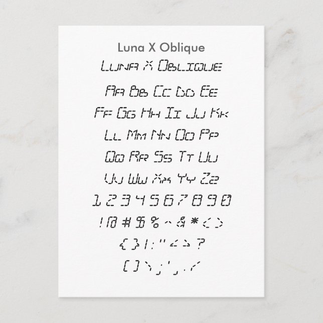 Luna X Oblique - Zazzle Schriftart - Musterblatt Postkarte (Vorderseite)