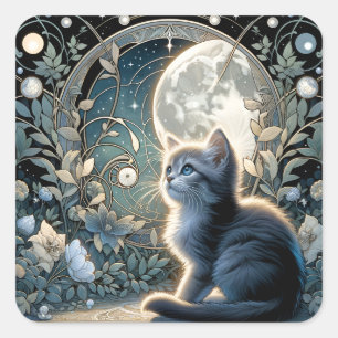 Lunar Blossom Art Nouveau Kitten Quadratischer Aufkleber