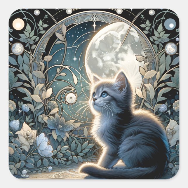 Lunar Blossom Art Nouveau Kitten Quadratischer Aufkleber (Vorderseite)