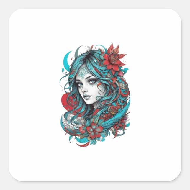Lunar Blossom Reverie Turquoise Moonchild Crimson  Quadratischer Aufkleber (Vorderseite)