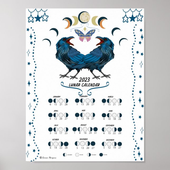 LUNAR CALENDAR 2023, Crow Moon, Wicca Hexenmond Poster (Vorne)