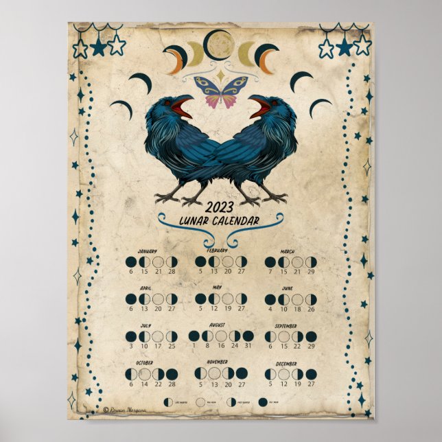 LUNAR CALENDAR 2023, Crow Moon, Wicca Hexenmond Poster (Vorne)