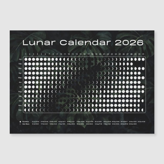 Lunar Calendar 2026 Moon Phases Chart Magnetkarte (Vorderseite)