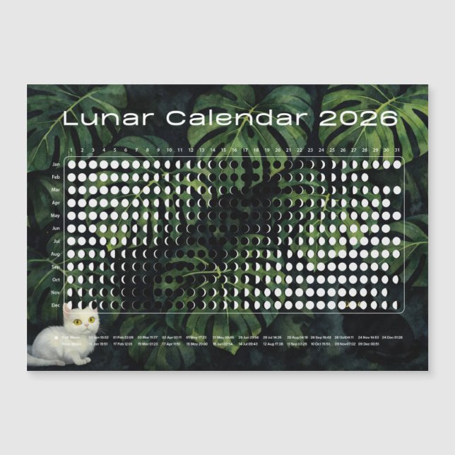Lunar Calendar 2026 Moon Phases Monstera cats Magnetkarte (Vorderseite)
