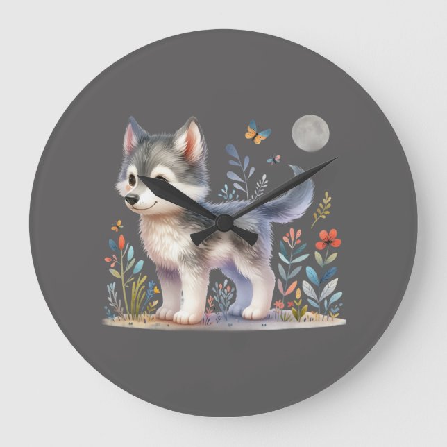 Lunar Cub - Baby Wolf Wall Clock Große Wanduhr (Vorderseite)