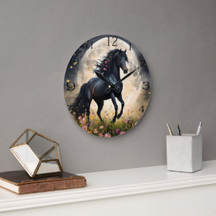 Lunar Elegance: Schwarzes Fantasy - Pferd mit dem  Große Wanduhr