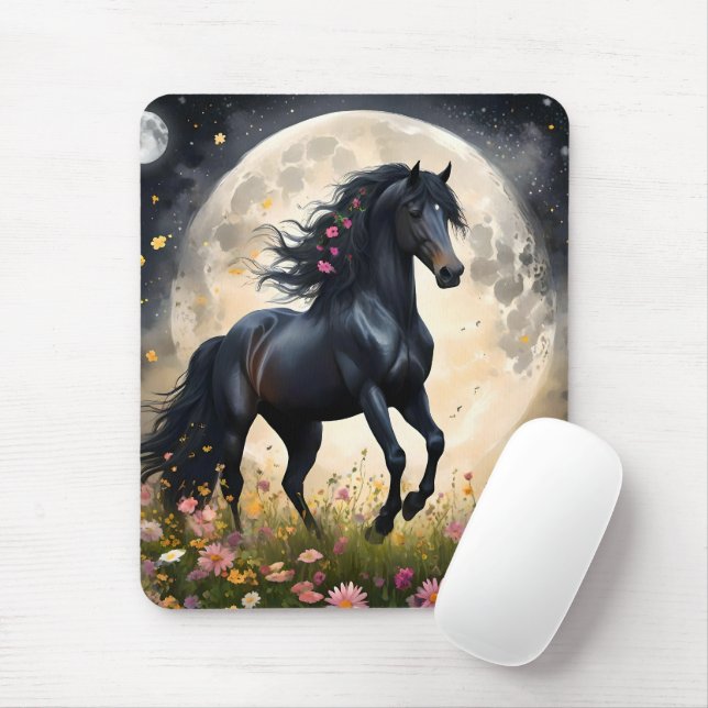 Lunar Elegance: Schwarzes Fantasy - Pferd mit dem  Mousepad (Mit Mouse)