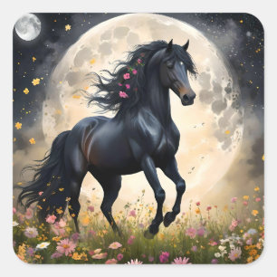 Lunar Elegance: Schwarzes Fantasy - Pferd mit dem Quadratischer Aufkleber