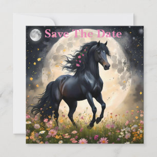 Lunar Elegance: Schwarzes Fantasy - Pferd mit dem Save The Date