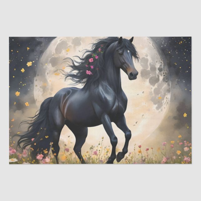 Lunar Elegance: Schwarzes Fantasy - Pferd mit dem  Seidenpapier (Vorderseite)