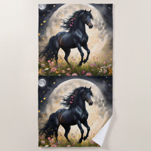 Lunar Elegance: Schwarzes Fantasy - Pferd mit dem Strandtuch