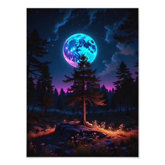 Lunar Glow Forest - ruhige kosmische Nightscape Fotodruck (Vorne)