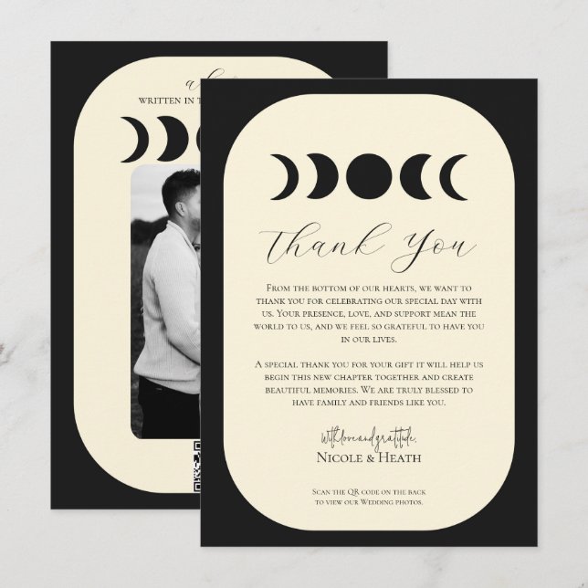Lunar Luxe Black & Cream Moon Phase Wedding Einladung (Vorne/Hinten)