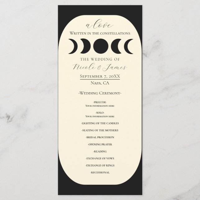 Lunar Luxe Black Cream Moon Phase Wedding Program Menükarte (Vorderseite)