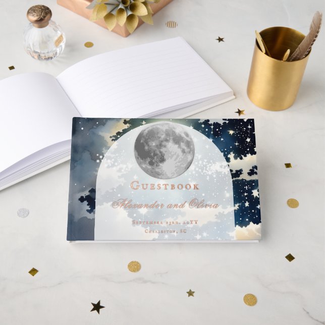 Lunar Night Sky Wedding Foil Gästebuch (Vorderseite Offen)