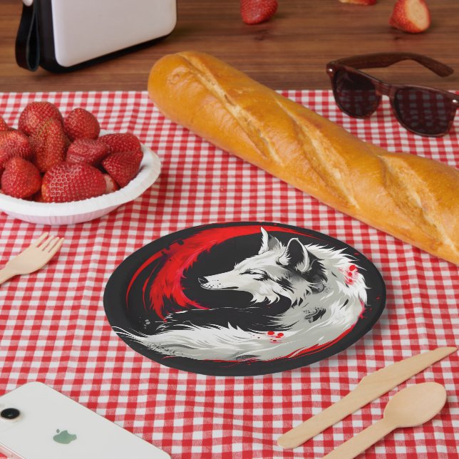 Lunar Red White Wolf Pappteller (Picknick)