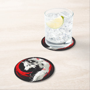 Lunar Red White Wolf Runder Pappuntersetzer