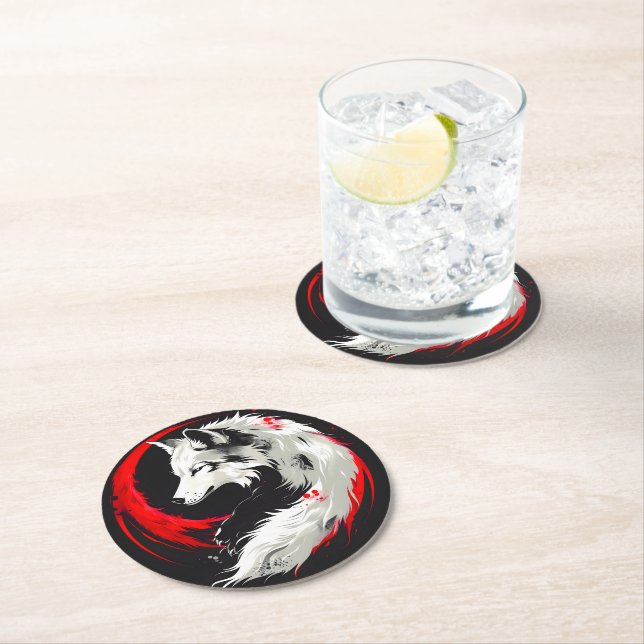 Lunar Red White Wolf Runder Pappuntersetzer (Vor Ort)