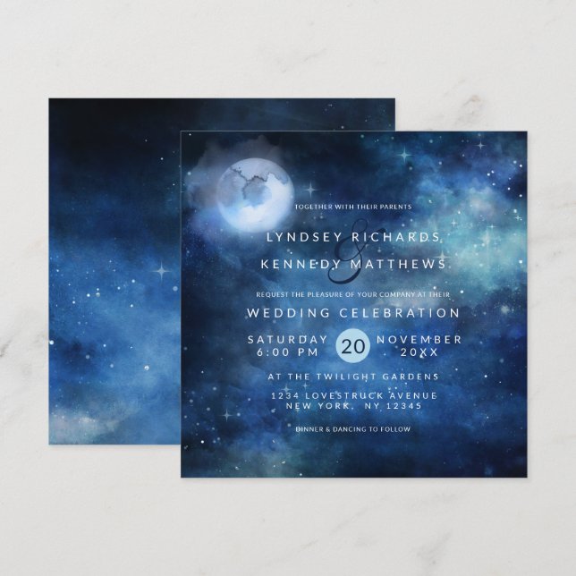 Lunar Sky Full Moon Celestis Stars Wedding Square Einladung (Vorne/Hinten)