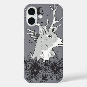 Lunar Watcher - Gray Mystic Deer with Moon & Bloss iPhone 16 Hülle