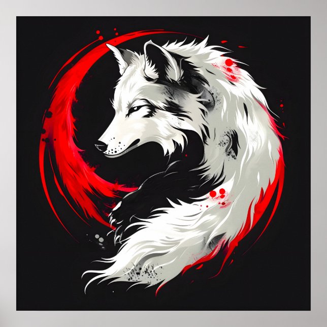 Lunarer Rot Weißer Wolf Poster (Vorne)