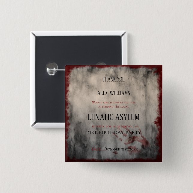 Lunatic Asylum Halloween Geburtstag Danke Button (Vorne & Hinten)
