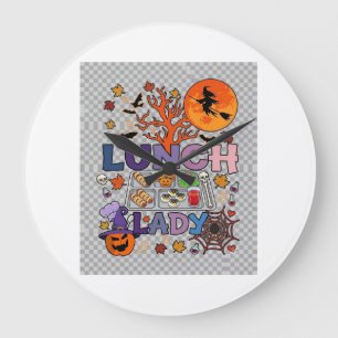 Lunch Lady Halloween Hexe Mond Kürbis_1 Große Wanduhr