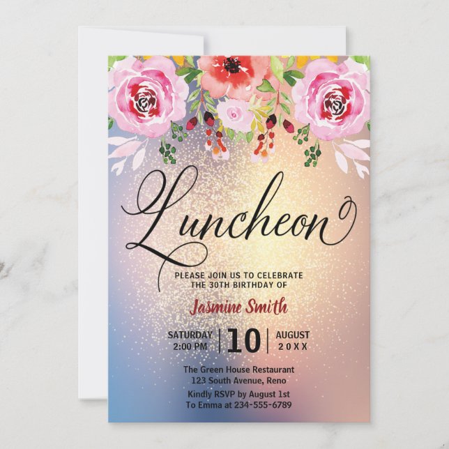 Luncheon Floral Gold Glitzer Geburtstag Einladung (Vorderseite)