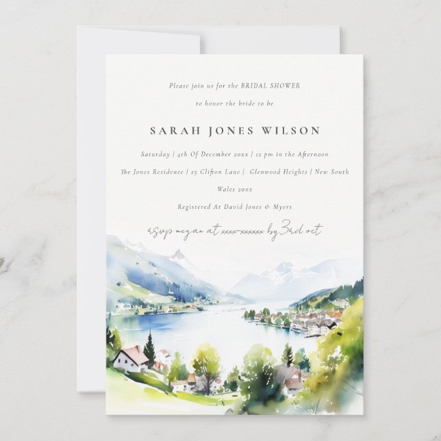 Lungern Switzerland Watercolor Bridal Shower Einladung (Vorderseite)