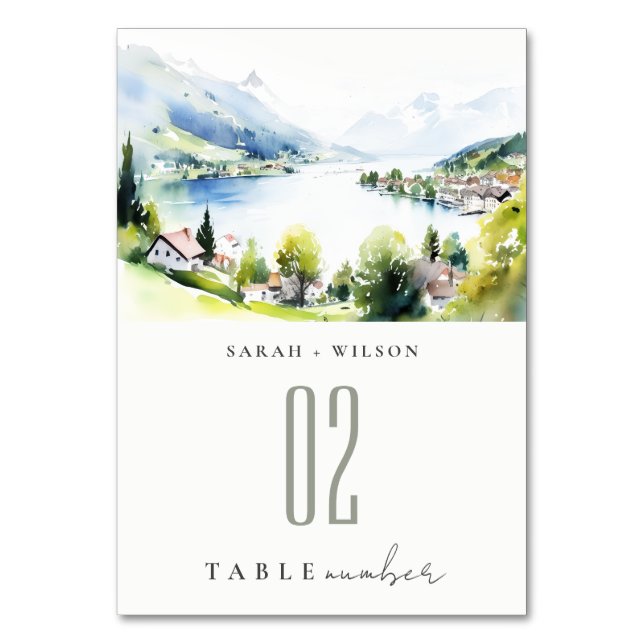 Lungern Switzerland Watercolor Landscape Wedding Tischnummer (Vorderseite)