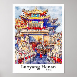 Luoyang Henan China Reise Wasserfarbe Handgezeichn Poster