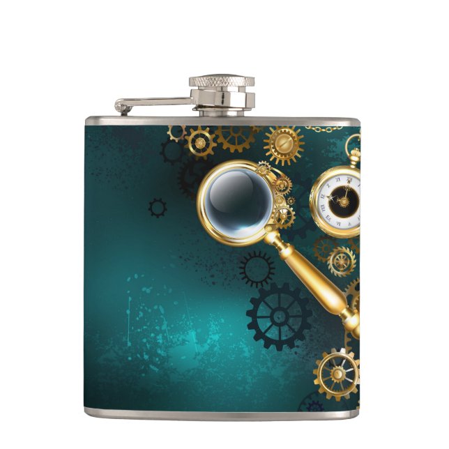 Lupe im Steampunk-Stil Flachmann (Vorderseite)