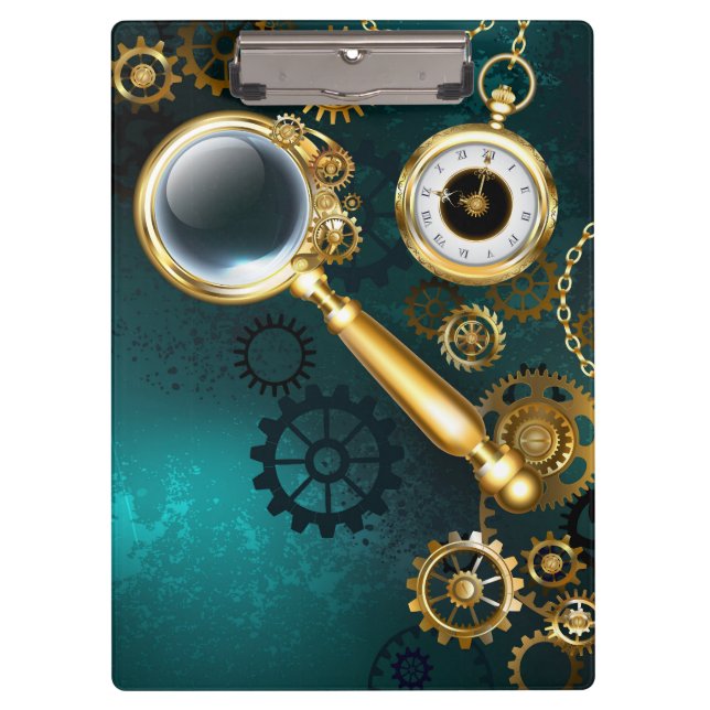 Lupe im Steampunk-Stil Klemmbrett (Vorderseite)