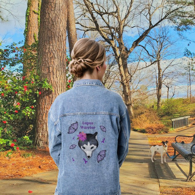 Lupus Warrior Wolf Lila Ribbon Butterfly Jeansjacke (Von Creator hochgeladen)