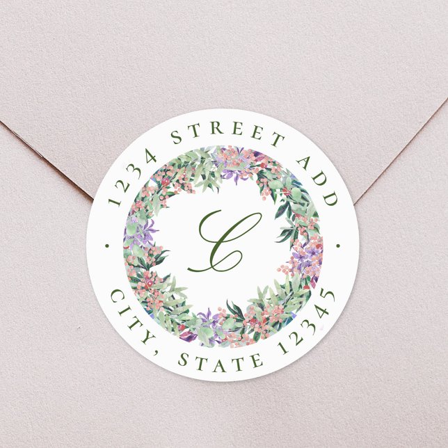 Luscious Floral Wreath Monogram Rücksendeadresse Runder Aufkleber (Von Creator hochgeladen)