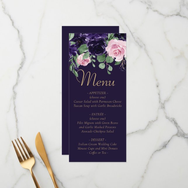 Lush Blossom | Dunkle Lila und rosa Rosengarten Menükarte (Vorderseite/Rückseite Beispiel)