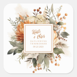 Lush Burnt Orange Fall Floral & Greenery Quadratischer Aufkleber
