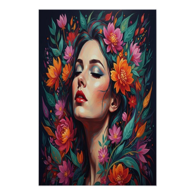 ​"Lush Floral Dream Woman | Vibrant Portrait Art" Poster (Vorderseite)
