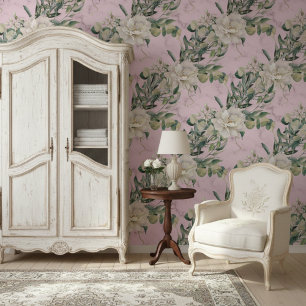 Lush Florals und elegantes rosa Marmormuster Tapete