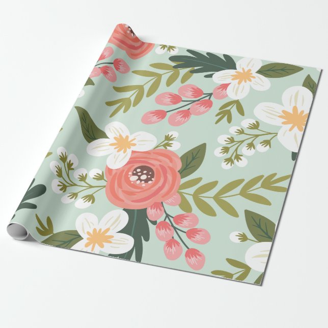 Lush Folksy Florals in Mint Green Geschenkpapier (Ungerollt)