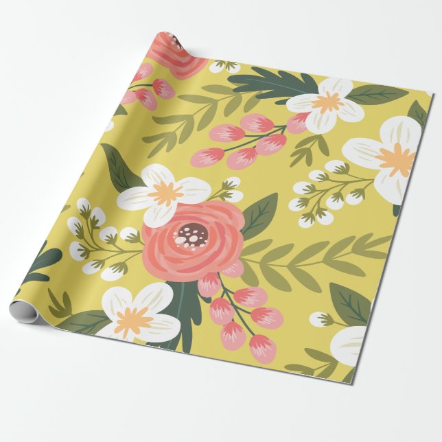 Lush Folksy Florals in Sunshine Yellow Geschenkpapier (Ungerollt)